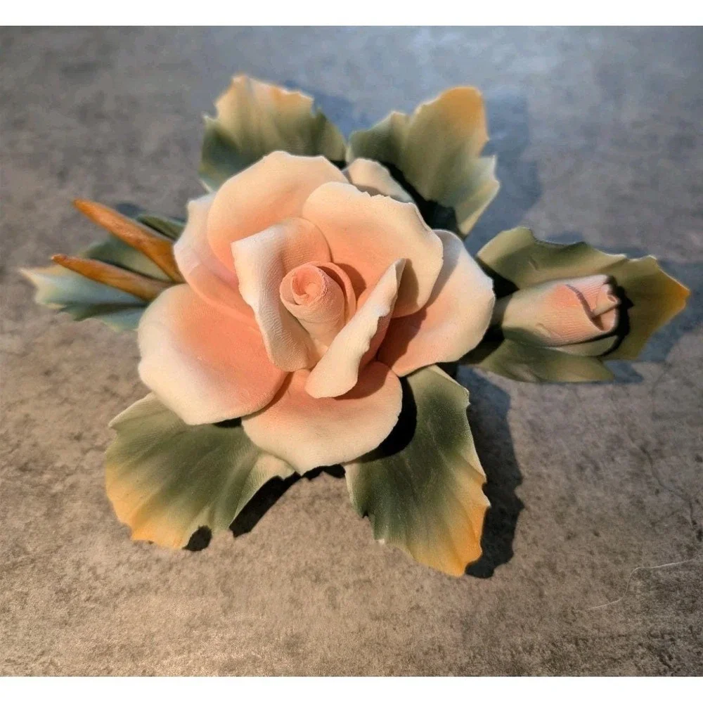 Vintage Capodimonte Porcelain Rose Flower Bisque Italy Pink Green 1960s Figure